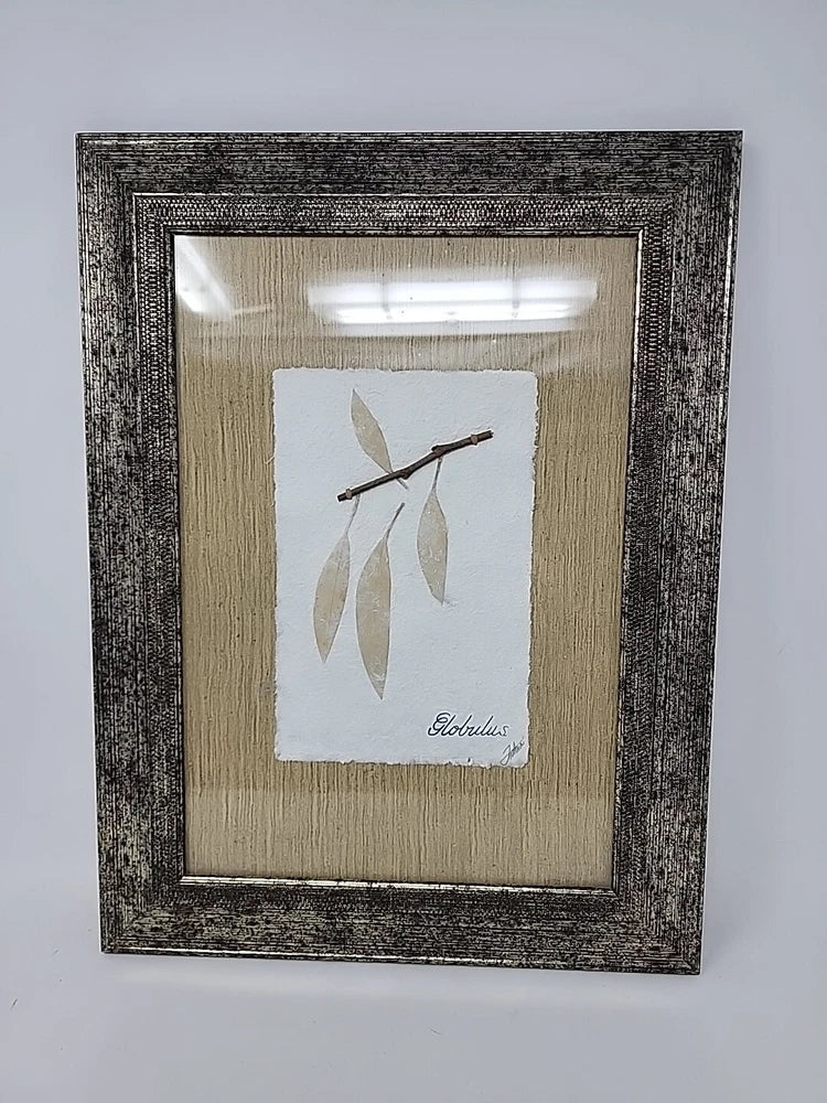 Framed pressed eucalyptus leaf artwork with dark gray distressed frame and signed print