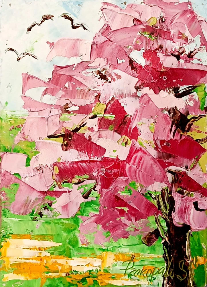 Sakura painting japan garden art original oil painting 7x5 in Hydrangea