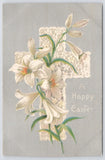 Easter~Lilies Against White Flower Embossed Cross~Silver Back~Vintage Postcard Lily