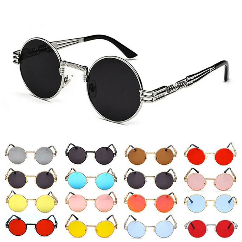 Round metal sunglasses with dark lenses and thin arched arms