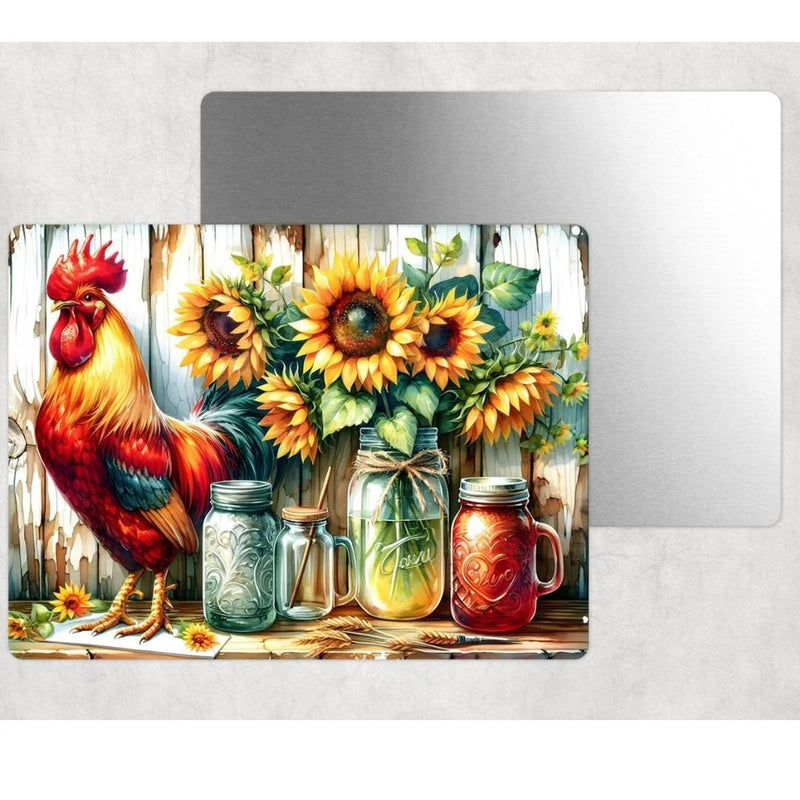 Rooster and sunflower scene metal tin sign with mason jars and farm artwork