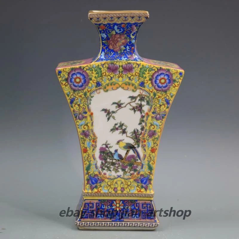 Colorful porcelain vase with peony flowers and magpie birds on four-sided panels
