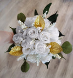 White Rose Bridal Bouquet Gold Leaf Wedding Eucalyptus Prom Bridesmaid Flowers Bouquet