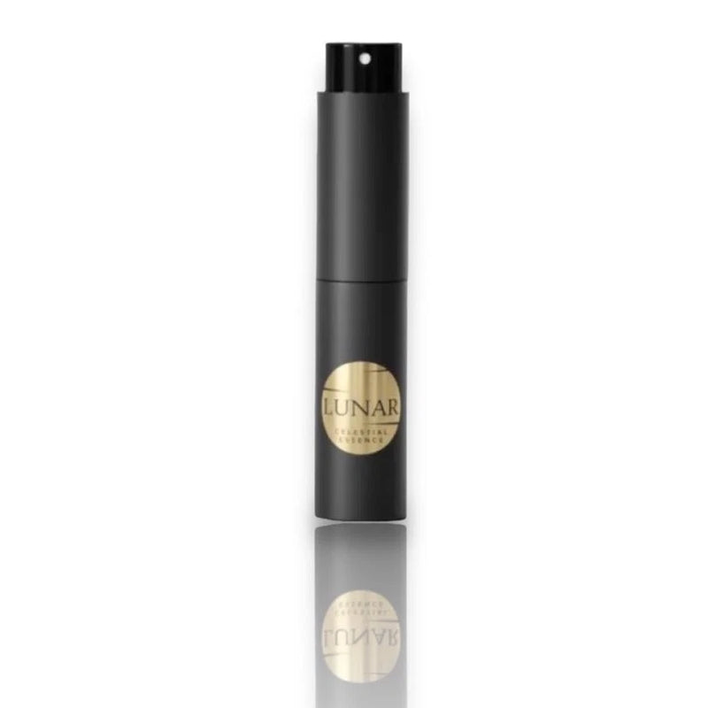 LUNAR 10ml eau de parfum spray bottle, black cylindrical glass with gold label