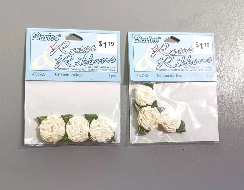 Ivory rosette ribbon flowers on card, 3/4 inch, Darice Roses Ribbon pack, set of 2