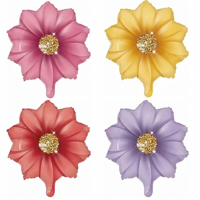 18-inch fabric flower decor set with gold glitter centers, pink, yellow, red, and lavender