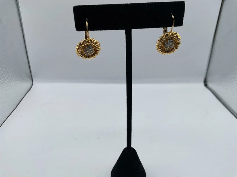 VTG SIGNED MOD GOLD TONE CLEAR CRYSTAL SUNFLOWER LEVER BACK EARRINGS NWOT Sunflower