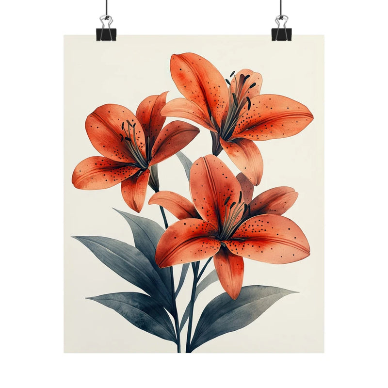Tiger lily flower art print poster with orange-red lilies and green leaves