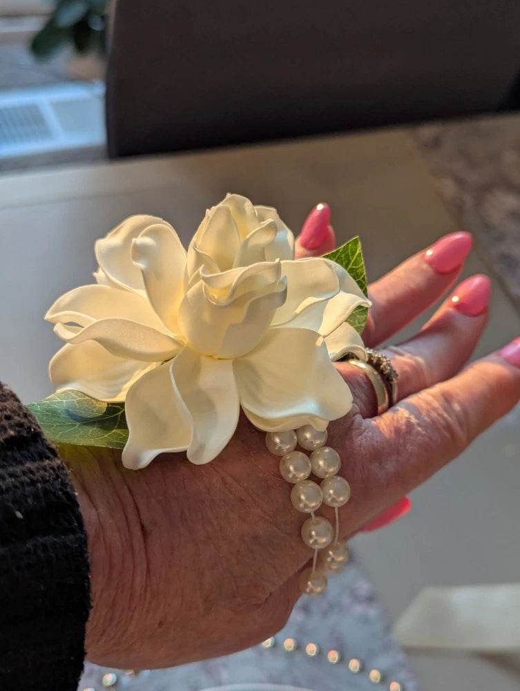 Wrist Corsage , Real Touch Gardenia  On Pearl Wristlet, Real Touch Gardenia Bouquet