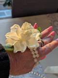 Wrist Corsage , Real Touch Gardenia  On Pearl Wristlet, Real Touch Gardenia Bouquet