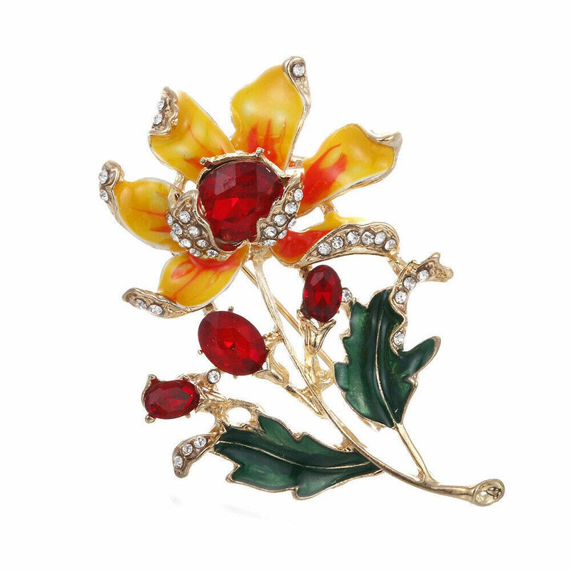 Women's Yellow Enamel Red Clear Crystal Sunflower Leaf Brooch Pin Sunflower