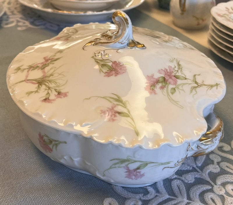 Porcelain covered bowl with pink carnation floral, gold trim, scalloped edges