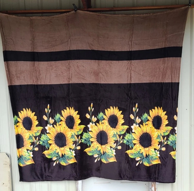 Sunflower blanket throw with dark purple border and colorful sunflower print
