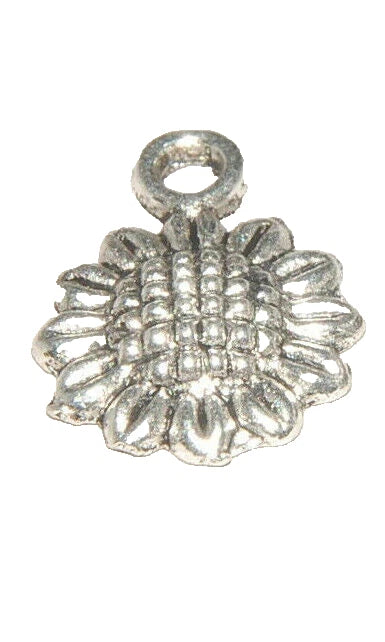 Tibetan silver sunflower flower charm with top loop and textured petal details