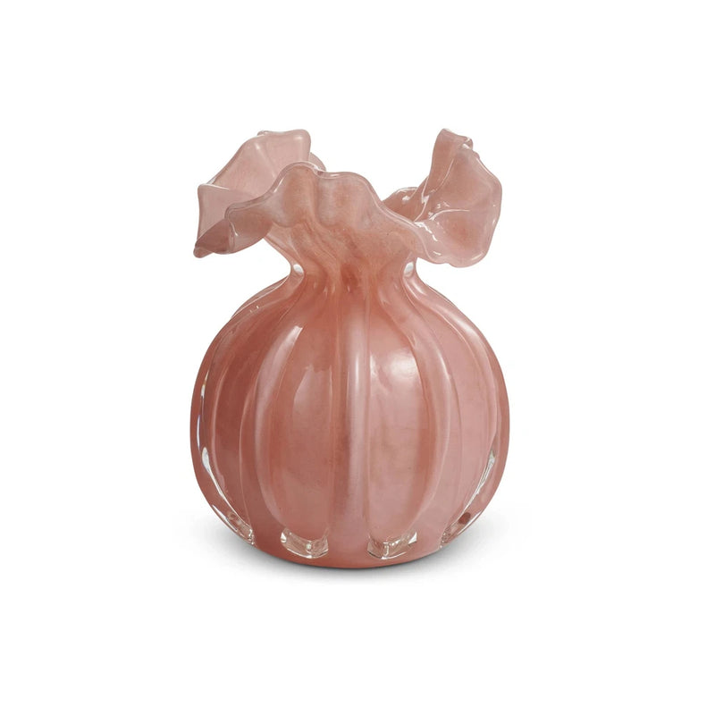Pale pink ruffle vase with ribbed glass body and flared top