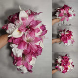 Fuchsia White Rose Tiger Lily Bridal Wedding Bouquet Accessories Bouquet