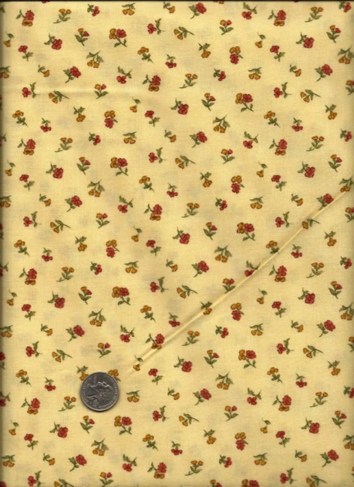 "Flowers Spaced Carnations" Print rust tan on golden yellow tan Fabric - Makower Carnation