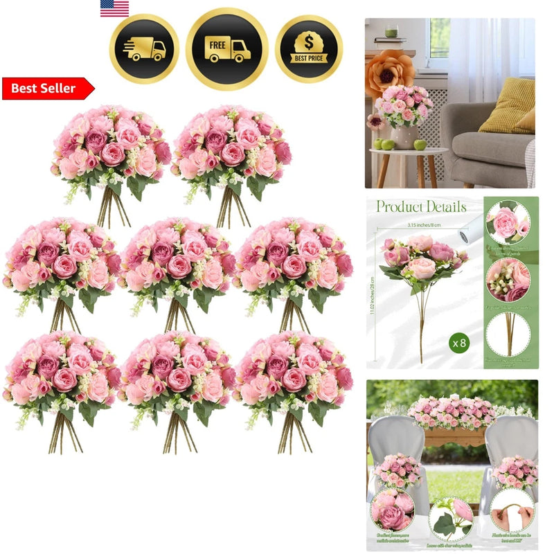 Pink peony faux silk flower bouquet with green stems, set of 8 for decor