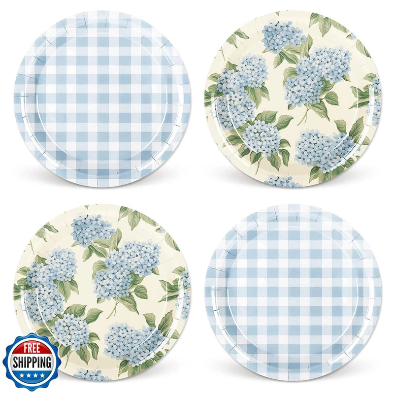 Whaline 40Pcs Hydrangea Plaid Paper Plate Blue And White Floral D Hydrangea