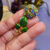 Vintage Hand Painted Goldtone UV Reactive Rhinestone Hydrangea Flower Brooch Hydrangea