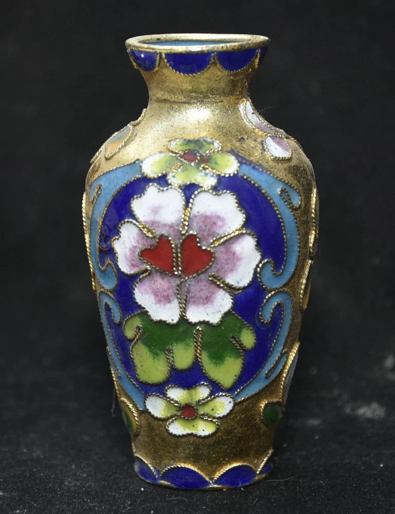 3.2" Old Chinese Dynasty Copper Cloisonne Peony Flower Pattern Vase Bottle Peony