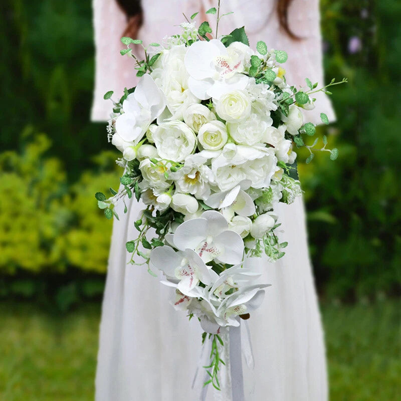 Bride Wedding Bridesmaid White Orchid Rose Flower Waterfall Teardrop Bouquet Bouquet