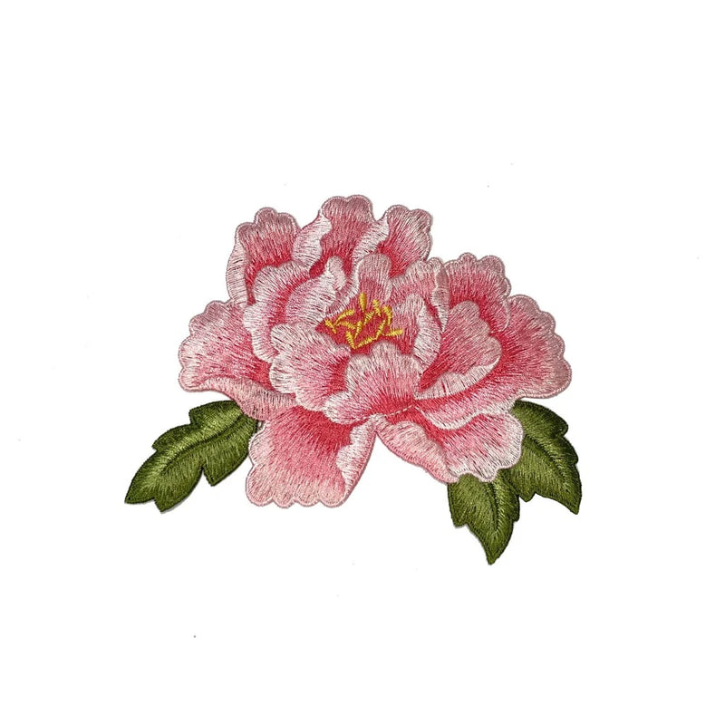 Embroidered pink peony flower patch with green leaves, for clothing and crafts