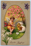 Easter Postcard Greetings Angel Hatched Egg Baby Chicks Lily Flowers Embossed Lily