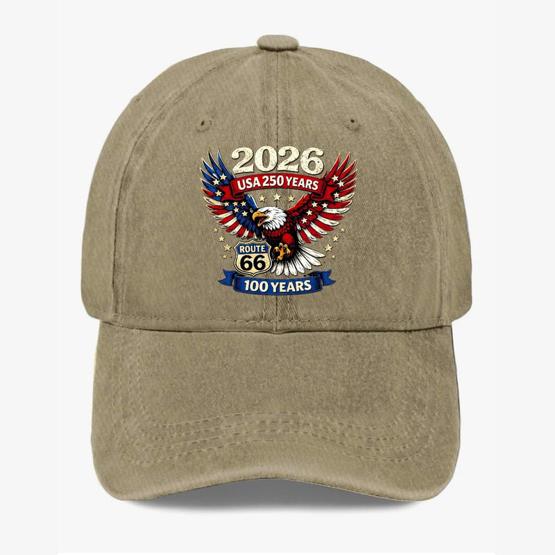 Tan unisex baseball cap with front eagle graphic, 2026 USA 250 years and Route 66 patch