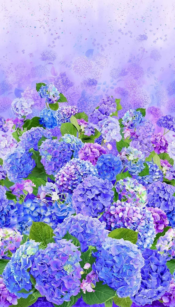23" Fabric Panel | Timeless Treasures Hydrangea Bliss Flower Scene Purple Flowering Plants