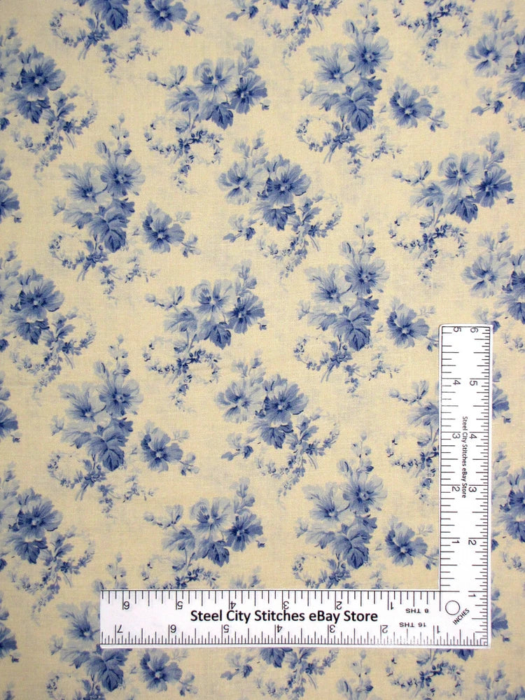 Floral Fabric Flower Bouquets Flowers Blue Ivory Cream Hope Chest Cotton Yard Bouquet