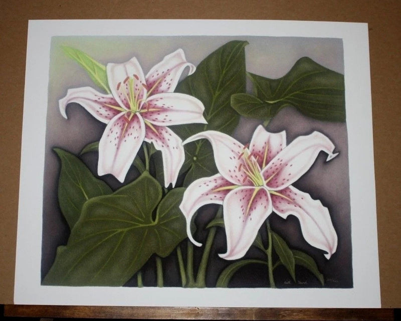 Botanical print of white stargazer lilies with dark green leaves