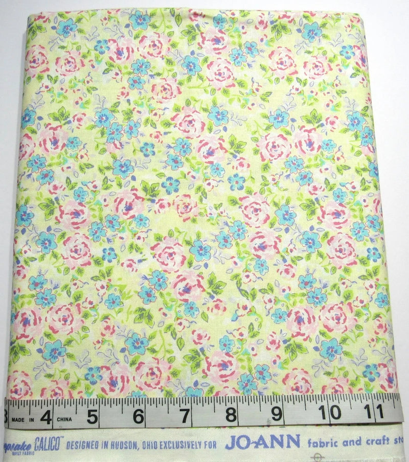 Pink/Blue Florals On Yellow BTY Keepsake Jo-Ann Cotton Sew Quilt Craft Fabrics Flowering Plants