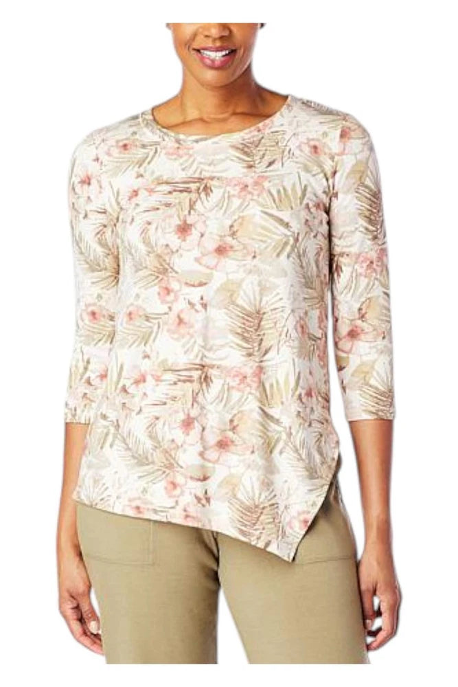 Women’s floral French terry asymmetric long-sleeve top, off-white with rose prints