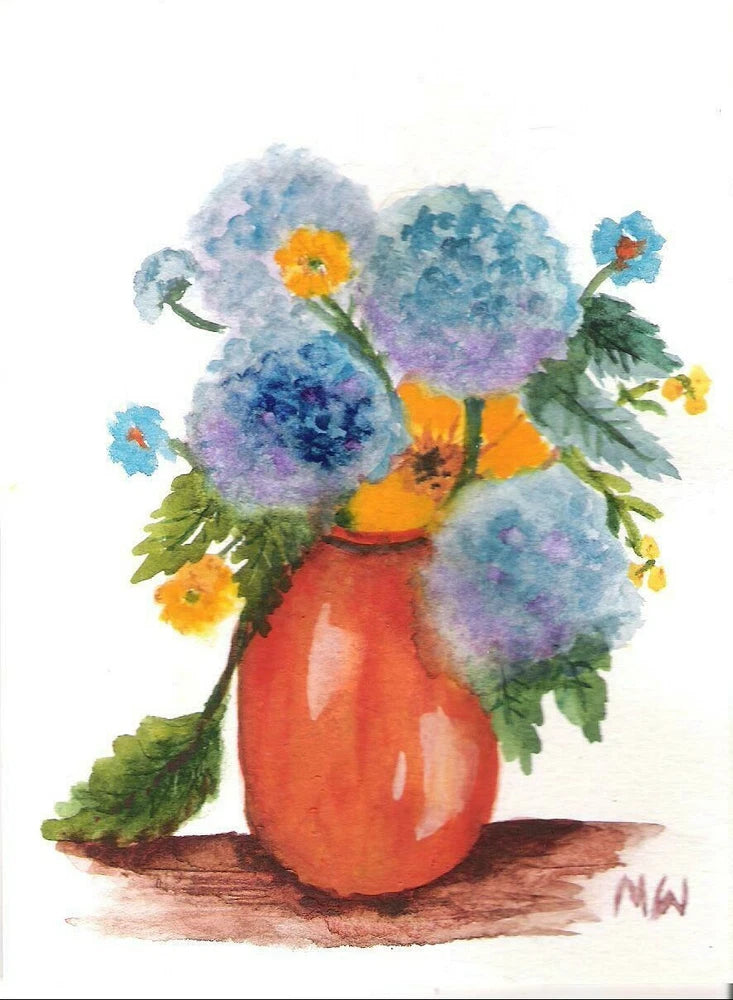 ART WATERCOLOR PAINTING   --- BLUE HYDRANGEA --- FLORAL   STILL LIFE  ORANGE VAS Hydrangea