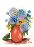 ART WATERCOLOR PAINTING   --- BLUE HYDRANGEA --- FLORAL   STILL LIFE  ORANGE VAS Hydrangea