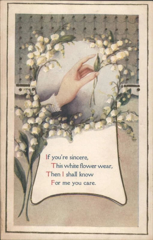 Flowers Lily Valley & Woman's Hand with Sentimental Verse Romance Vintage PC Lily