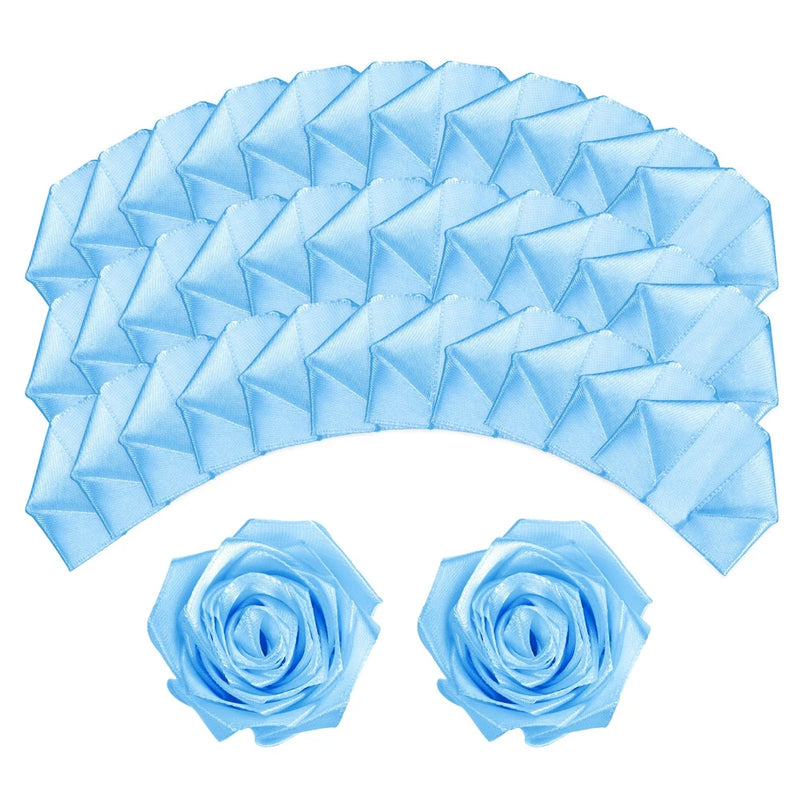 Lake blue satin ribbon rose petals with two rose-shaped ribbon flowers