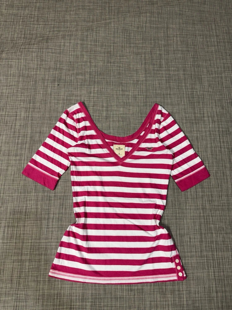 Women's pink-and-white striped V-neck short-sleeve top with peplum hem