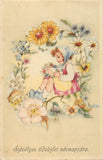 Lovely drawn children greetings postcard girl flower wreath lily sunflower Sunflower
