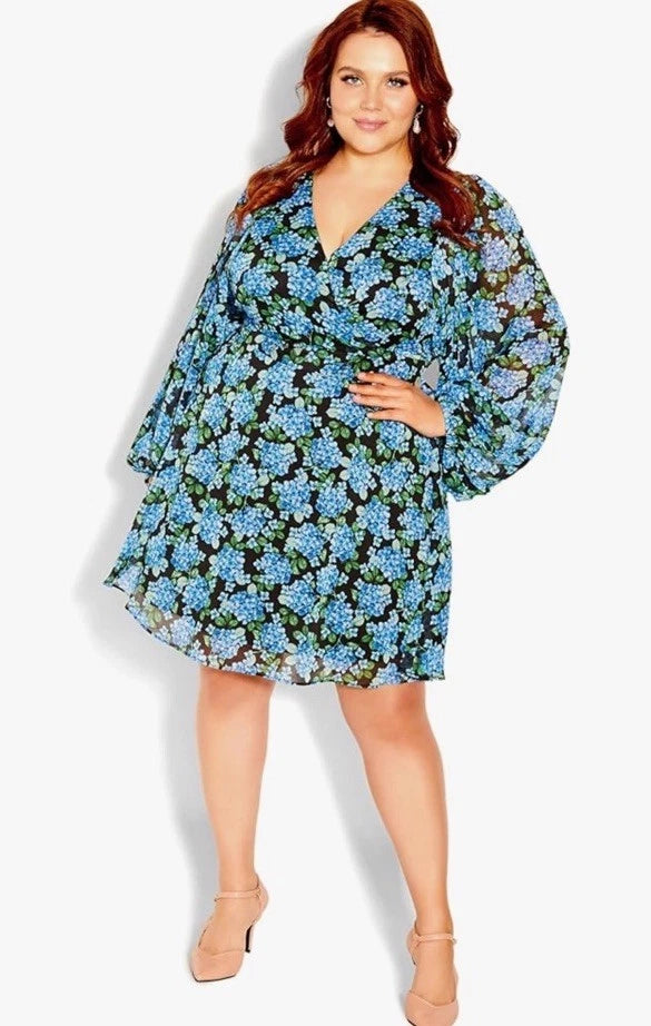 NWT City Chic XL / 22 Floral Dress Blue Bunch Hydrangea LS Faux Wrap V-Neck Hydrangea