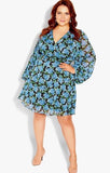 NWT City Chic XL / 22 Floral Dress Blue Bunch Hydrangea LS Faux Wrap V-Neck Hydrangea