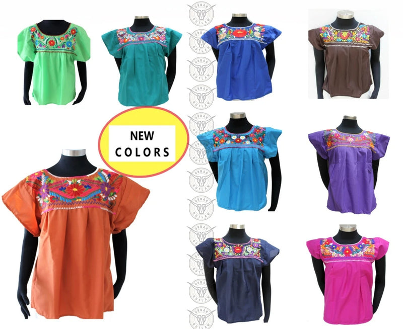 Mexican Peasant Blouse Hand Embroidered Top Assorted Colors Vintage Style Tunic Roses