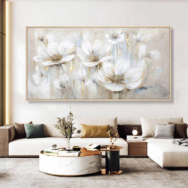 Framed hand-painted canvas oil painting with white flowers and soft blue abstract accents
