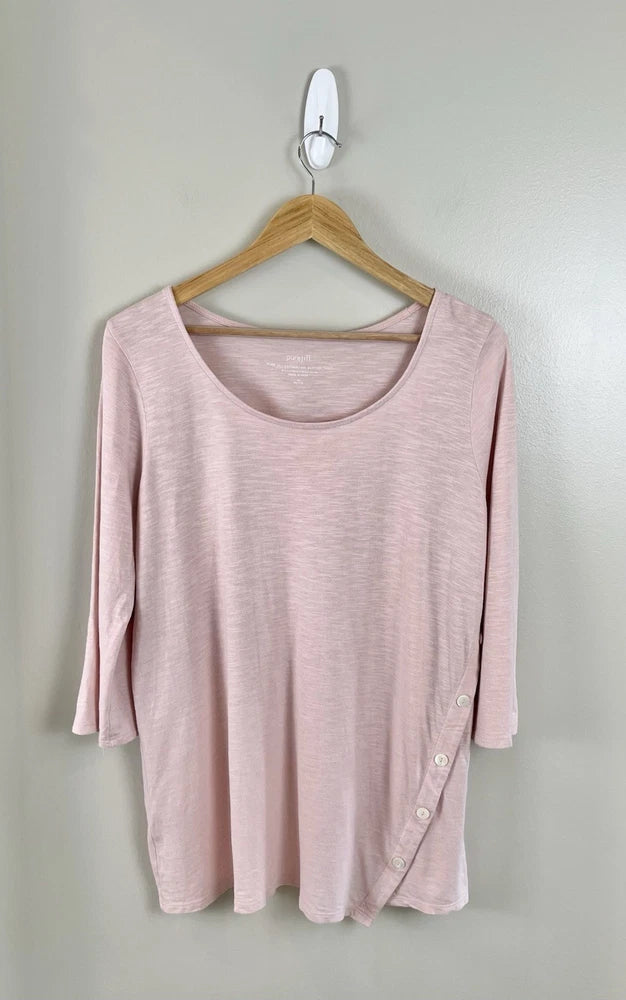 Light pink scoop-neck tunic top with long sleeves and side button detail