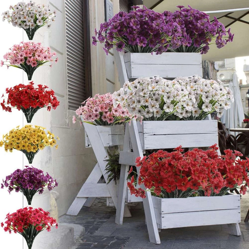 Outdoor artificial flower bouquets in white, pink, purple, red bunches for planting