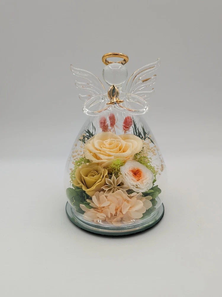 Glass Angel w/ Gold ~Roses~Babys Breath~Hydrangea, Light Up Everlasting Bouquet Hydrangea