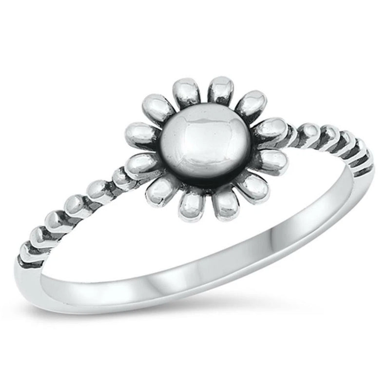 925 sterling silver sunflower ring with raised round center and petal tips
