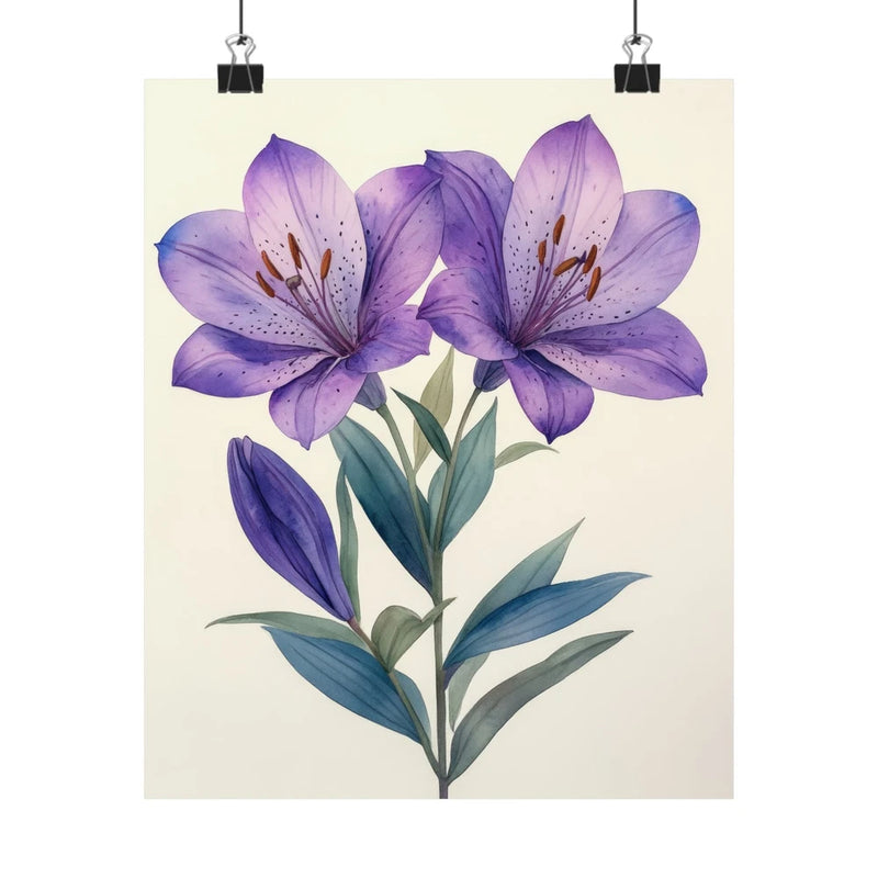 Floral lily art print poster with three purple blossoms and green leaves
