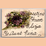 Postcard Greeting from Eliza to Aunt Nina Mica Violets Lily of the Valley Flower Lily